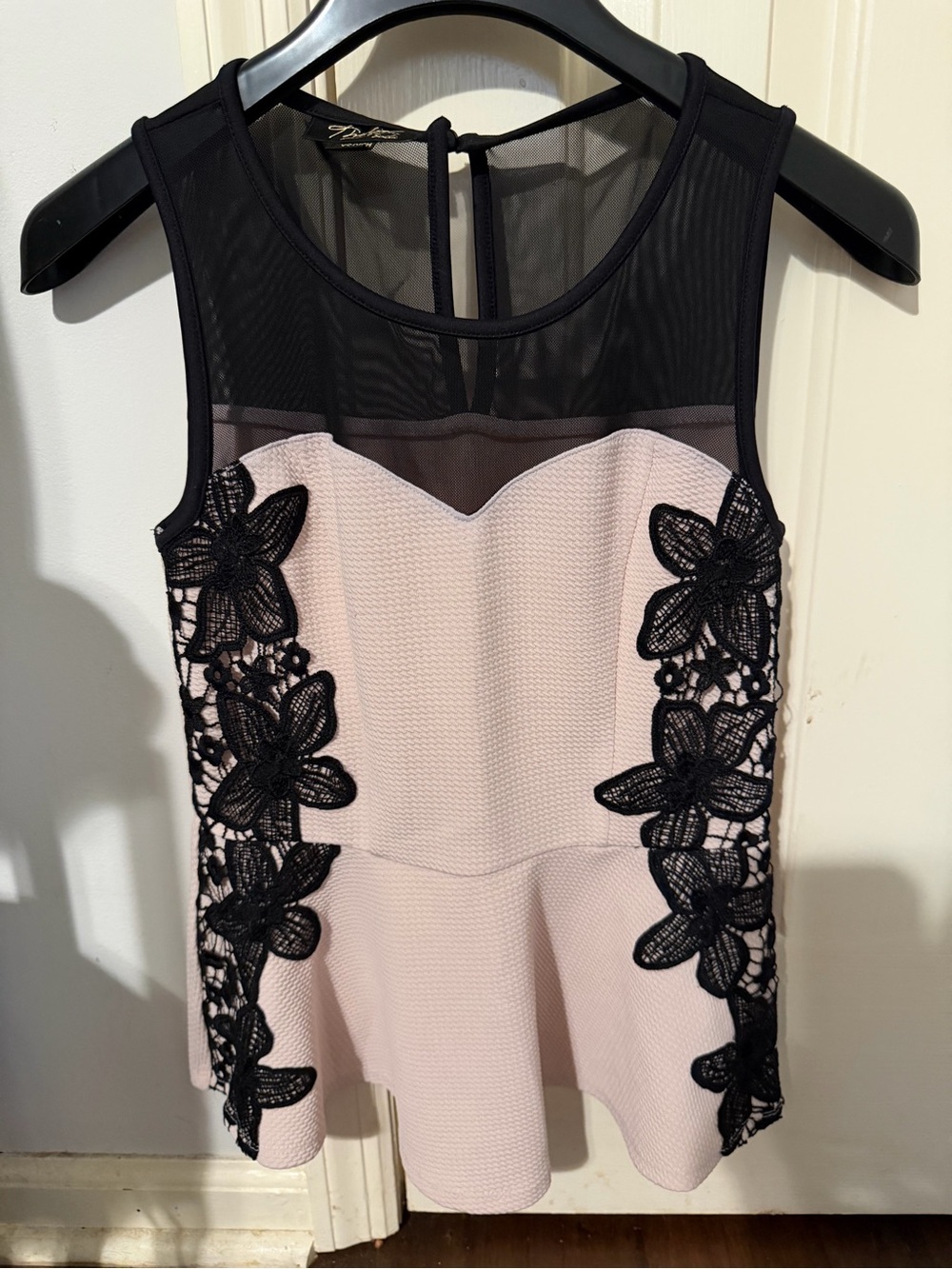 Thalia Sodi Blush Peplum Tank with Black Lace Insets and Sheer Yoke